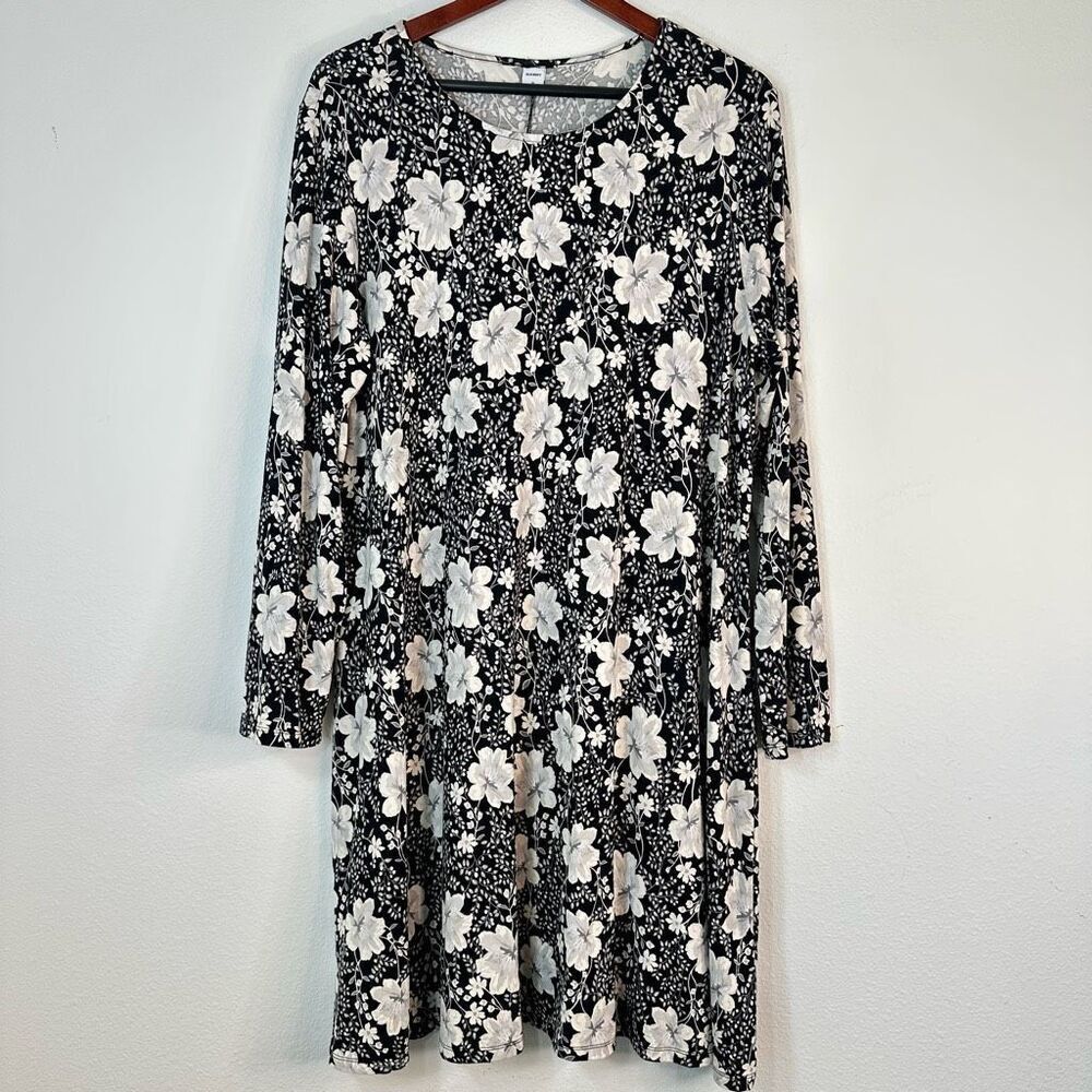 Old Navy Womens Black Floral Longsleeve Knit Swing Dress XL Modern Boho Chic